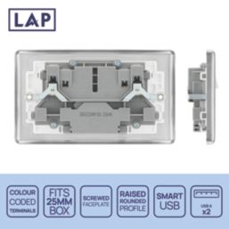 LAP  13A 2-Gang SP Switched Socket + 2.4A 12W 2-Outlet Type A USB Charger Brushed Steel with White Inserts