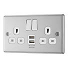 LAP  13A 2-Gang SP Switched Socket + 2.4A 12W 2-Outlet Type A USB Charger Brushed Steel with White Inserts