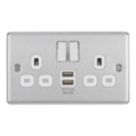 LAP  13A 2-Gang SP Switched Socket + 2.4A 12W 2-Outlet Type A USB Charger Brushed Steel with White Inserts