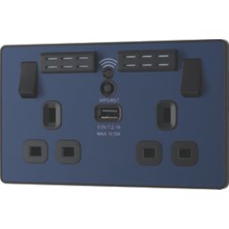 British General Evolve 13A 2-Gang SP Switched Double Socket With WiFi Extender + 2.1A 1-Outlet Type A USB Charger Blue with Black Inserts