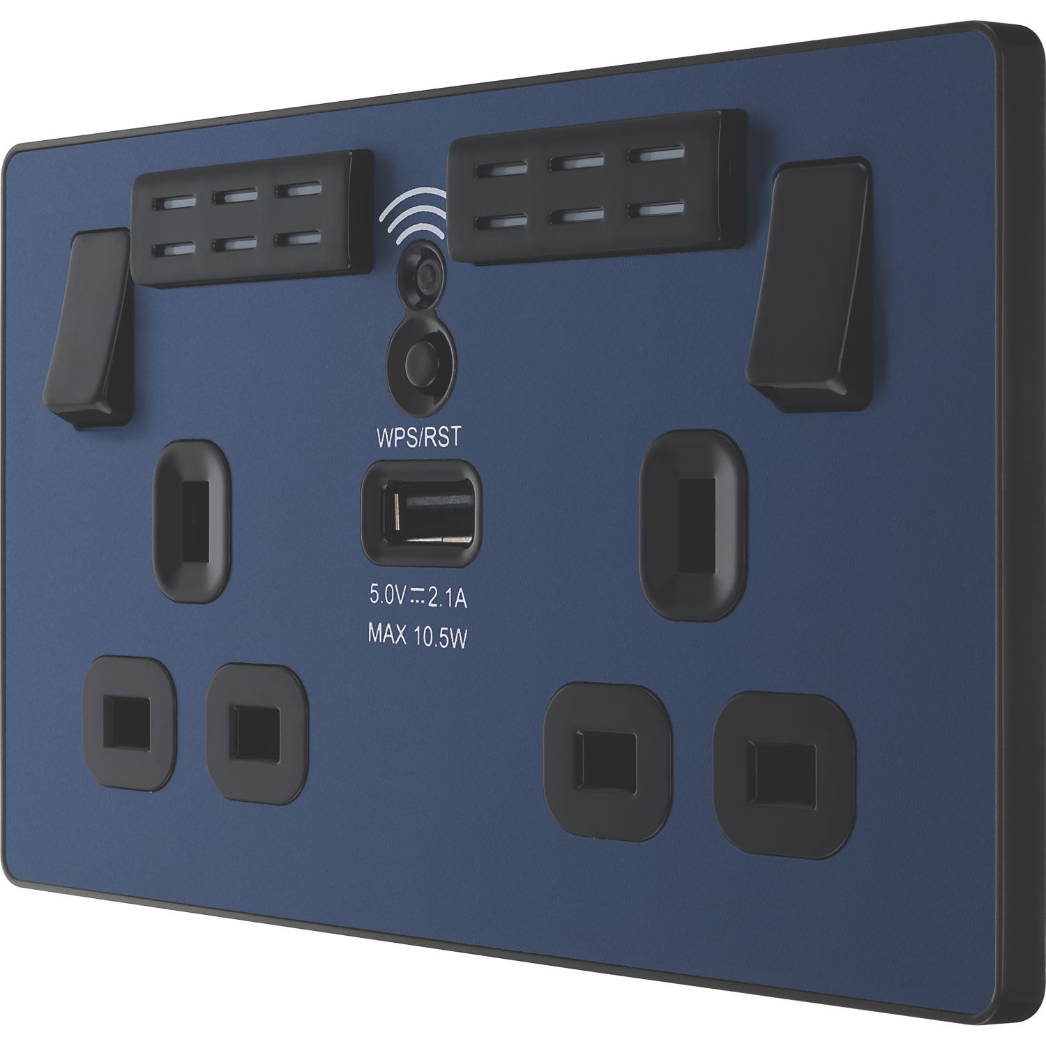 British General Evolve 13A 2-Gang SP Switched Double Socket With WiFi Extender + 2.1A 10.5W 1-Outlet Type A USB Charger Blue with Black Inserts (5...
