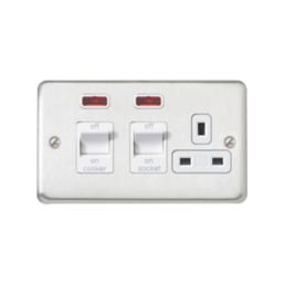 MK Contoura 45A 2-Gang DP Cooker Switch & 13A DP Switched Socket Brushed Stainless Steel with Neon with White Inserts