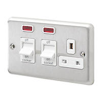 MK Contoura 45A 2-Gang DP Cooker Switch & 13A DP Switched Socket Brushed Stainless Steel with Neon with White Inserts