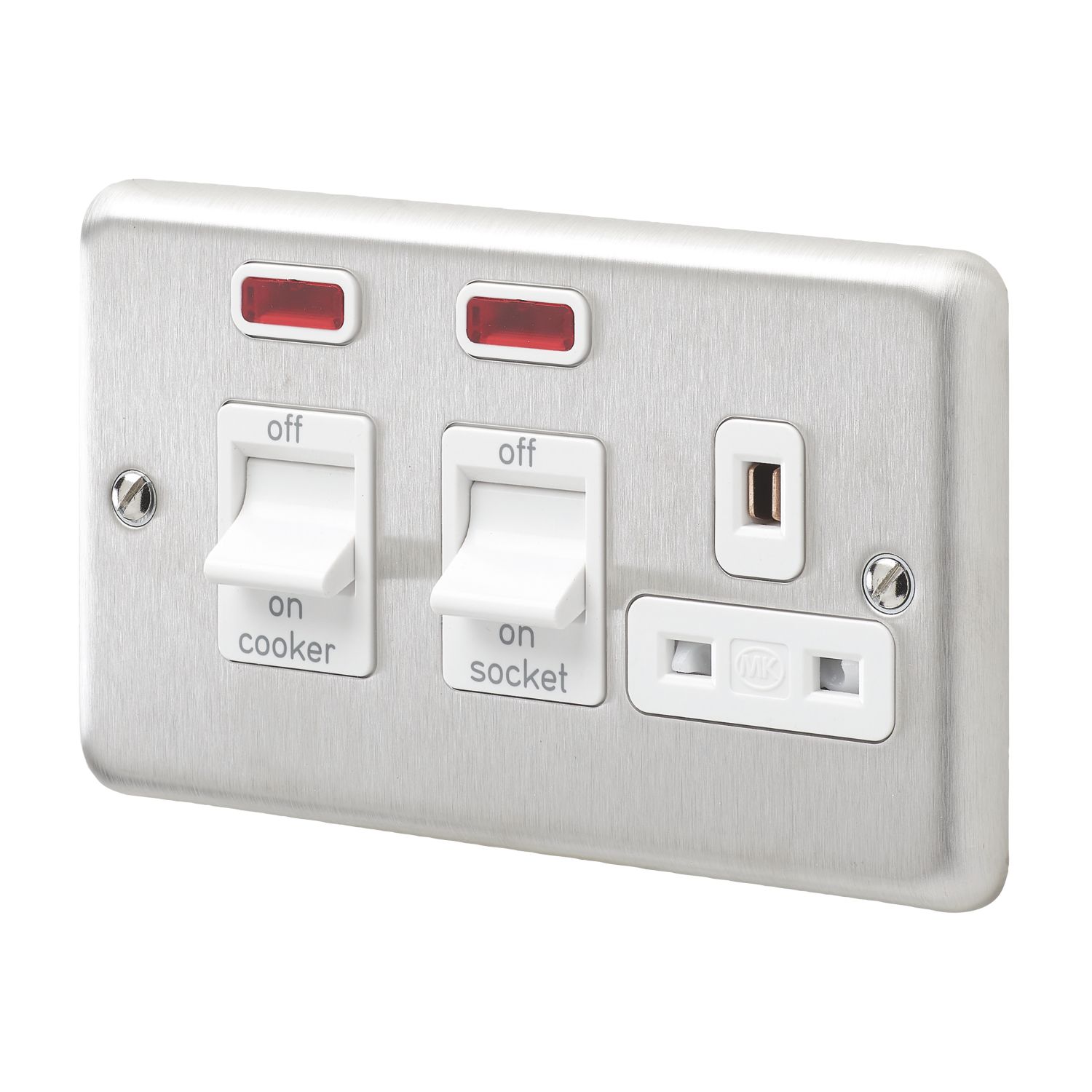 MK Contoura 45A 2-Gang DP Cooker Switch & 13A DP Switched Socket Brushed Stainless Steel with Neon with White Inserts (544RG)