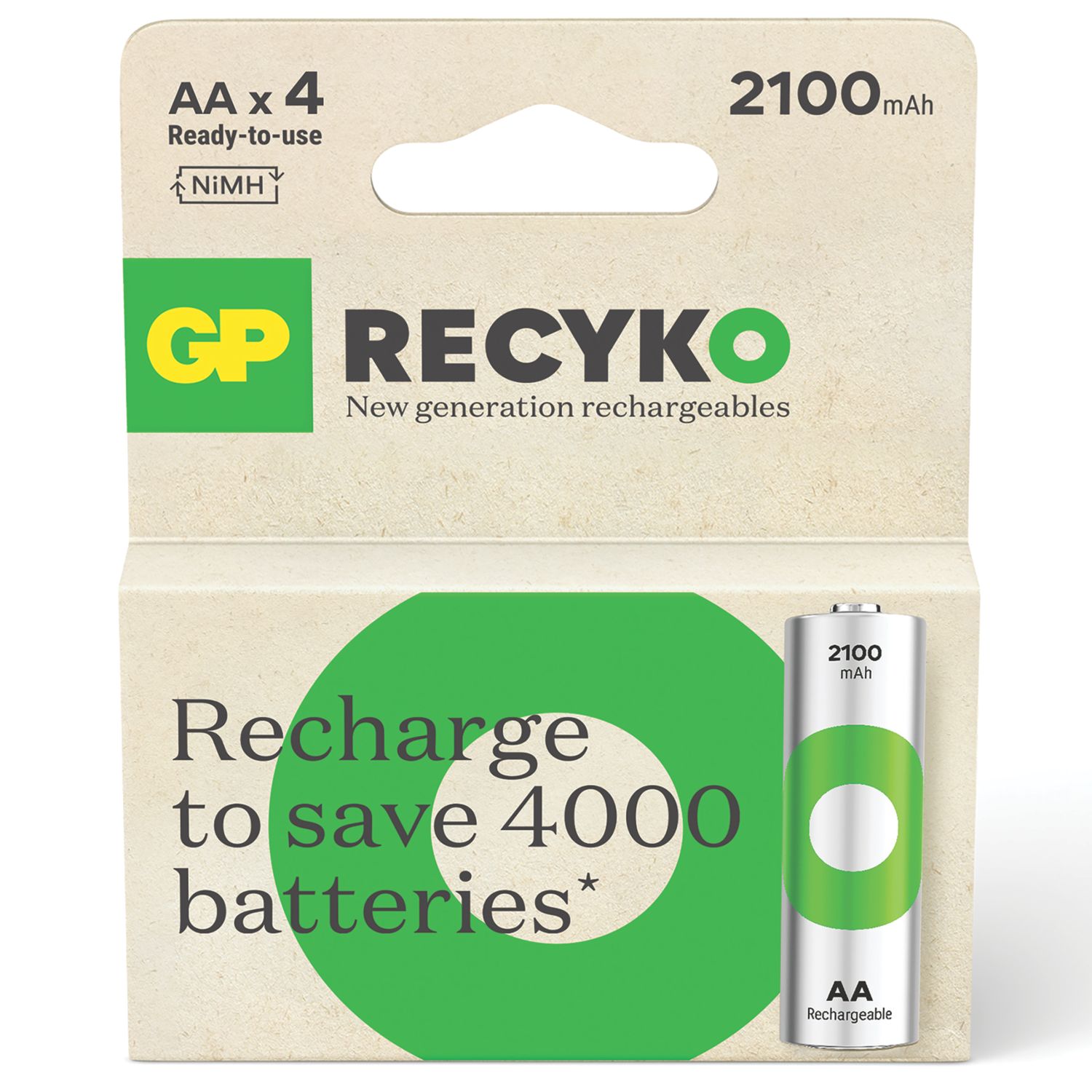 GP Batteries Recyko Rechargeable AA 1.2V Ni-MH Batteries 4 Pack (545RM)