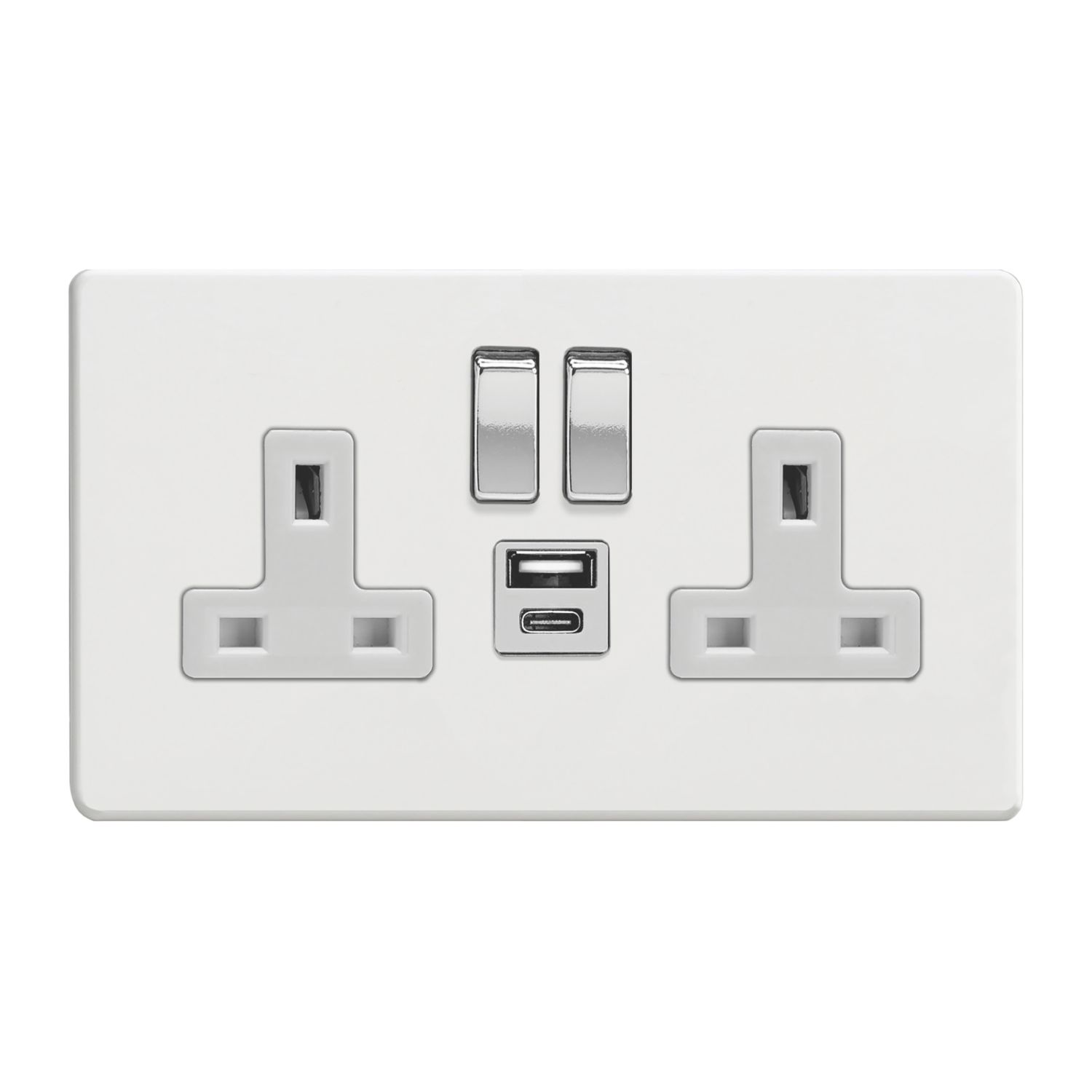 Varilight 13A 2-Gang 1P+N Switched Socket + 4A 20W 2-Outlet Type A & C USB Charger Ice White with White Inserts (545YT)