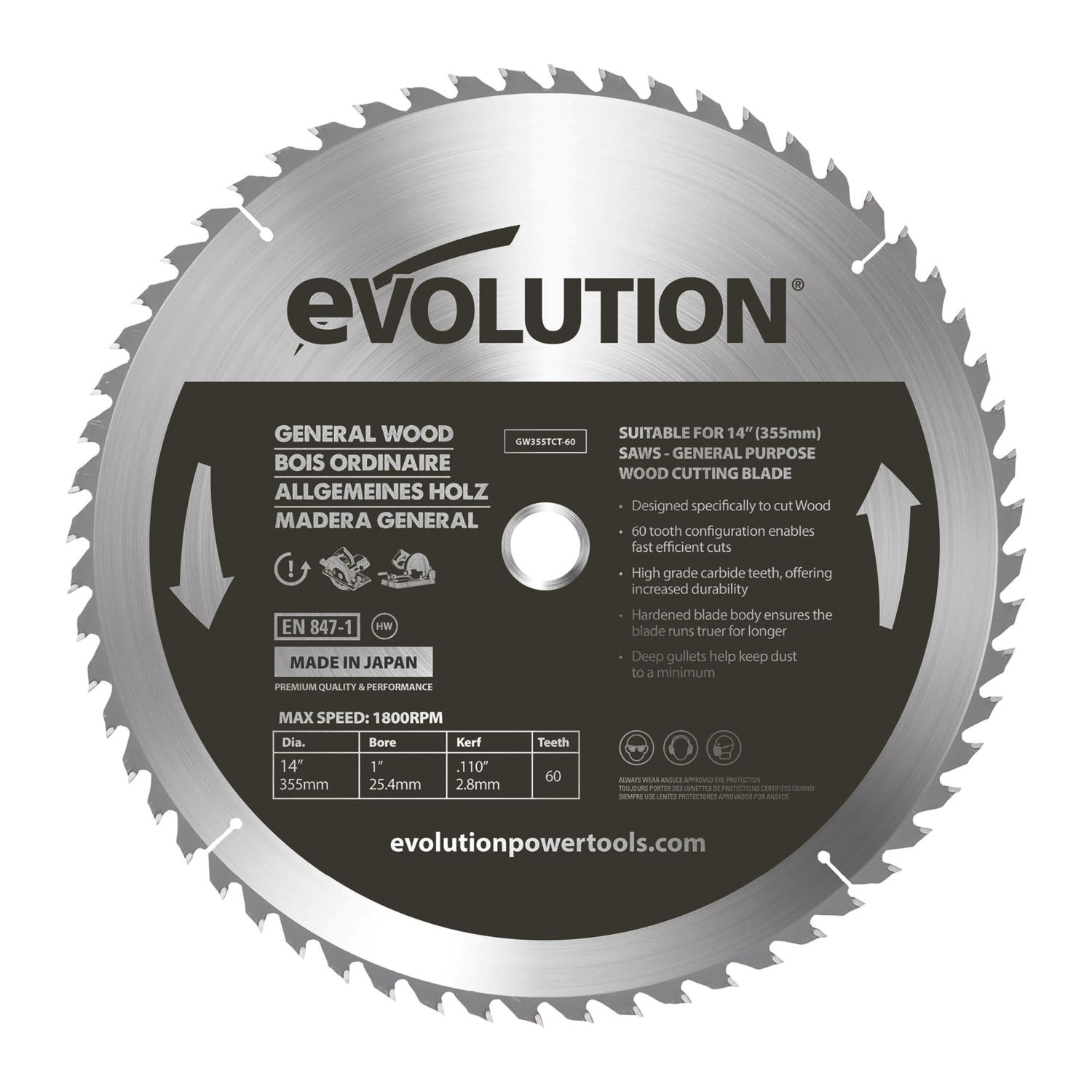 Evolution GW355TCT-60 Wood Circular Saw Blade 355mm x 25.4mm 60T (546AK)