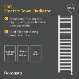 Flomasta 1600mm x 400mm 1364BTU White Flat Electric Towel Radiator