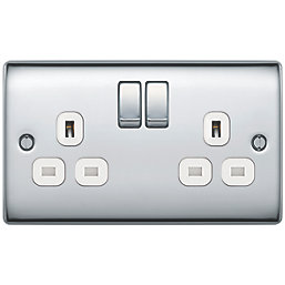 British General Nexus Metal 13A 2-Gang DP Switched Plug Socket Polished Chrome  with White Inserts