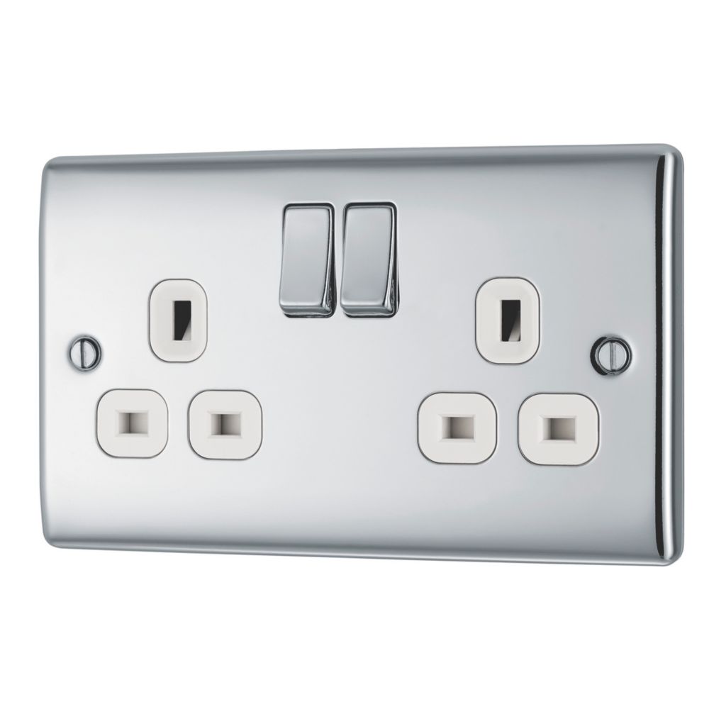 British General Nexus Metal 13A 2-Gang DP Switched Plug Socket Polished Chrome  with White Inserts