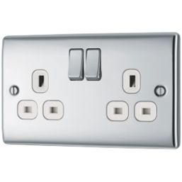 British General Nexus Metal 13A 2-Gang DP Switched Plug Socket Polished Chrome  with White Inserts