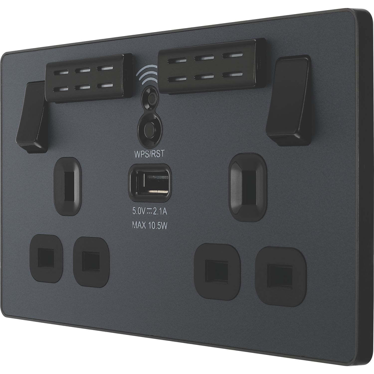 British General Evolve 13A 2-Gang SP Switched Double Socket With WiFi Extender + 2.1A 10.5W 1-Outlet Type A USB Charger Grey with Black Inserts (5...