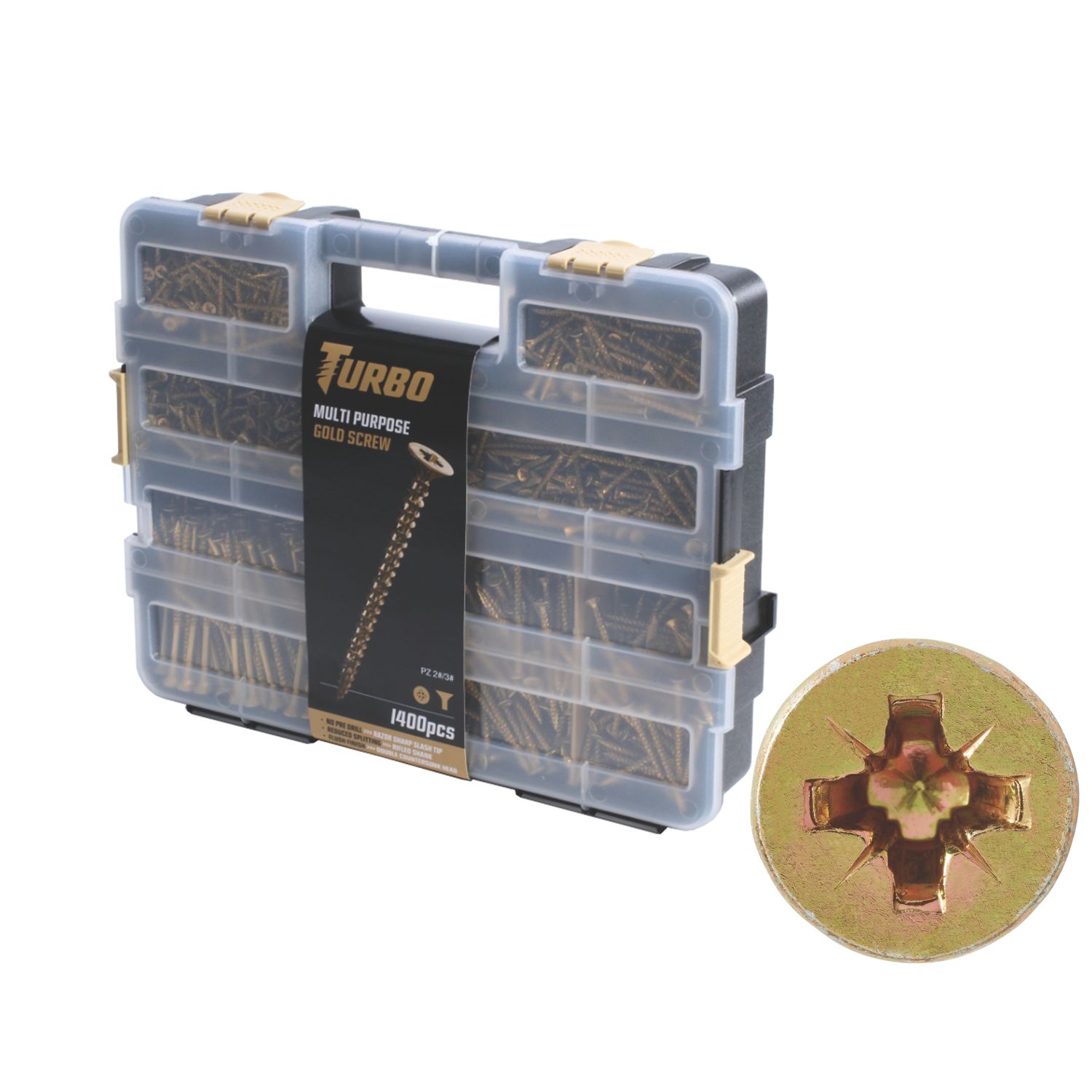Turbo PZ Double-Countersunk Woodscrews Trade Case 1400 Pcs (548CA)