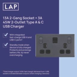 LAP  13A 2-Gang SP Switched Socket + 3A 45W 2-Outlet Type A & C USB Charger Slate Grey with Black Inserts