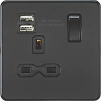 Knightsbridge SFR9124MBB 13A 1-Gang SP Switched Socket + 2.4A 2-Outlet Type A USB Charger Matt Black with Black Inserts