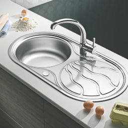 Swirl Twig Round 1 Bowl Stainless Steel Reversible Inset Sink & Drainer Grey 850mm x 450mm