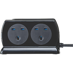Masterplug 13A 4-Gang Switched Surge-Protected Extension Lead + 3.1A 2-Outlet Type A USB Charger Gloss Black 2m