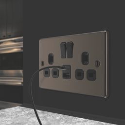 LAP  13A 2-Gang SP Switched Socket + 2.4A 12W 2-Outlet Type A & C USB Charger Black Nickel with Black Inserts