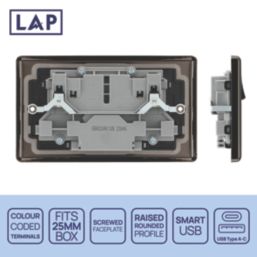 LAP  13A 2-Gang SP Switched Socket + 2.4A 12W 2-Outlet Type A & C USB Charger Black Nickel with Black Inserts
