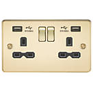 Knightsbridge FPR9224PB 13A 2-Gang SP Switched Socket + 2.4A 2-Outlet Type A USB Charger Polished Brass with Black Inserts