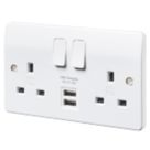 MK Logic Plus 13A 2-Gang DP Switched Socket + 2A 10.5W 2-Outlet Type A USB Charger White