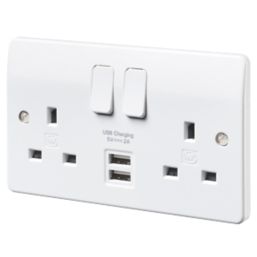 MK Logic Plus 13A 2-Gang DP Switched Socket + 2A 10.5W 2-Outlet Type A USB Charger White