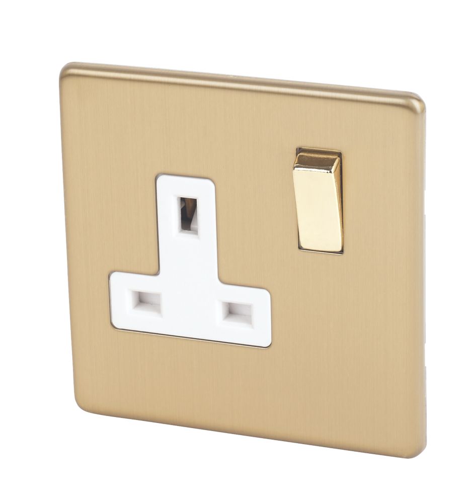 Varilight  13AX 1-Gang DP Switched Plug Socket Brushed Brass  with White Inserts