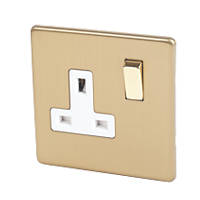 Varilight  13AX 1-Gang DP Switched Plug Socket Brushed Brass  with White Inserts