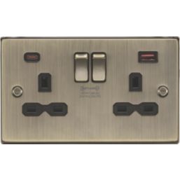Knightsbridge  13A 2-Gang DP Switched Socket + 2.25A 45W 2-Outlet Type A & C USB Charger Antique Brass with Black Inserts