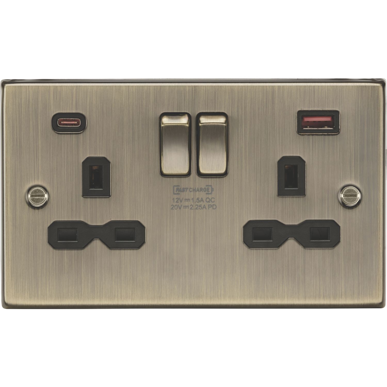 Knightsbridge 13A 2-Gang DP Switched Socket + 2.25A 45W 2-Outlet Type A & C USB Charger Antique Brass with Black Inserts (557PY)