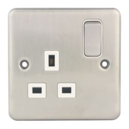 Hager Sollysta WRSS81BSW 13A 1-Gang 2P+E Switched Socket Brushed Stainless Steel  with White Inserts