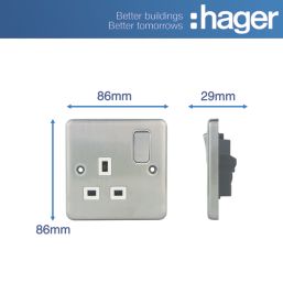Hager Sollysta WRSS81BSW 13A 1-Gang 2P+E Switched Socket Brushed Stainless Steel  with White Inserts