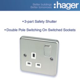 Hager Sollysta WRSS81BSW 13A 1-Gang 2P+E Switched Socket Brushed Stainless Steel  with White Inserts