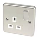 Hager Sollysta WRSS81BSW 13A 1-Gang 2P+E Switched Socket Brushed Stainless Steel  with White Inserts