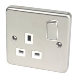 Hager Sollysta WRSS81BSW 13A 1-Gang 2P+E Switched Socket Brushed Stainless Steel  with White Inserts