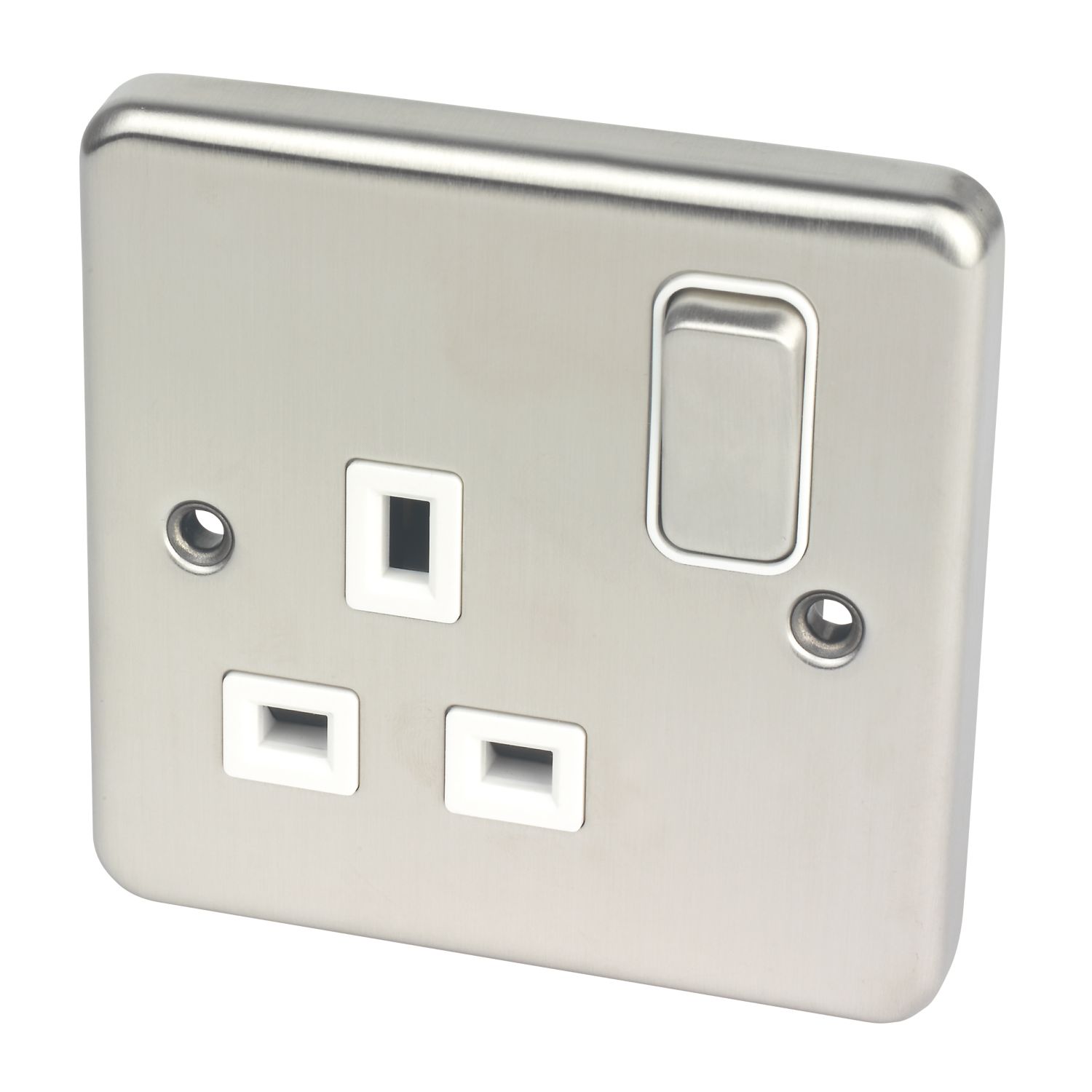 Hager Sollysta WRSS81BSW 13A 1-Gang 2P+E Switched Socket Brushed Stainless Steel with White Inserts (558AM)