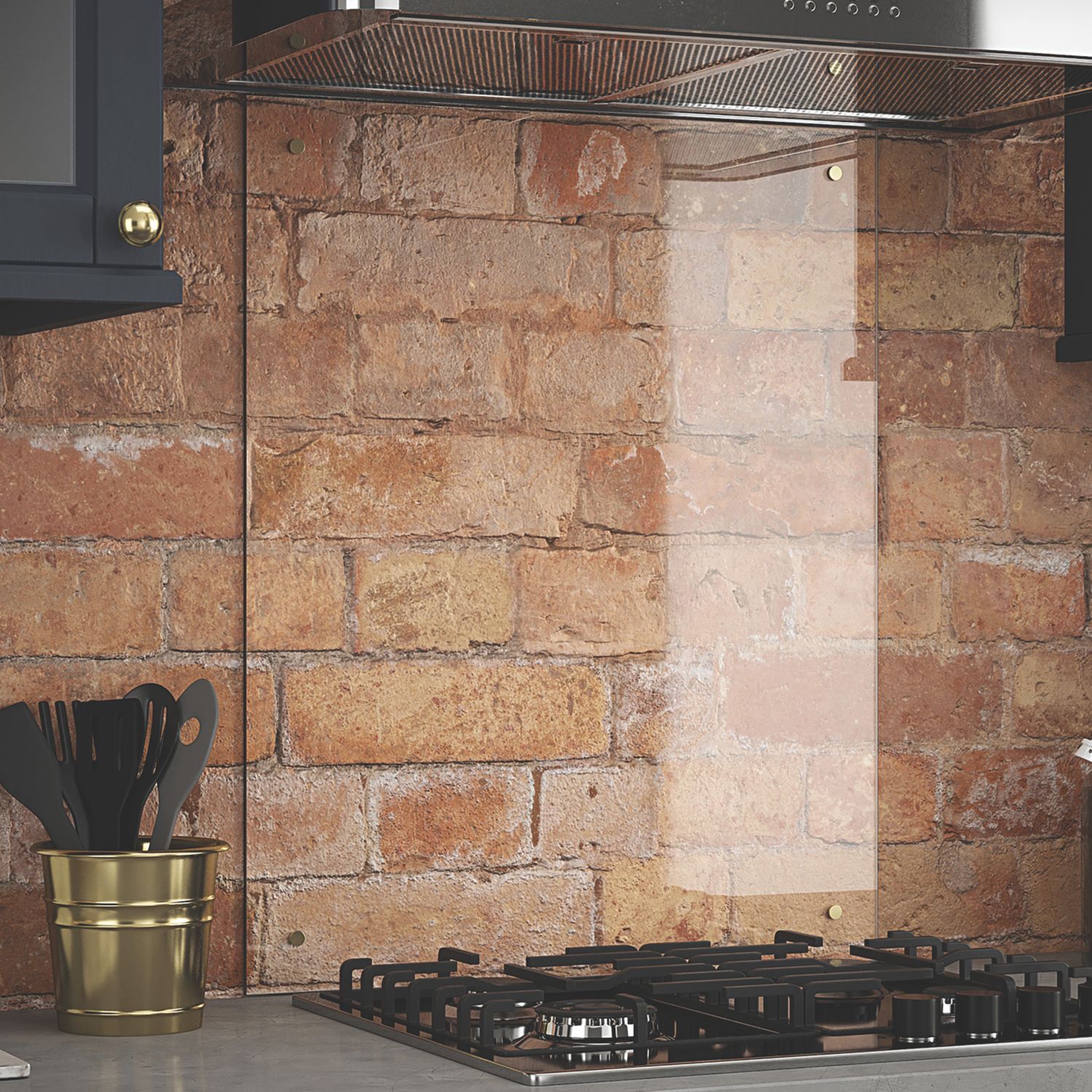 Splashback Clear with Brushed Brass Caps Kitchen Splashback 600mm x 750mm x 6mm (560JM)