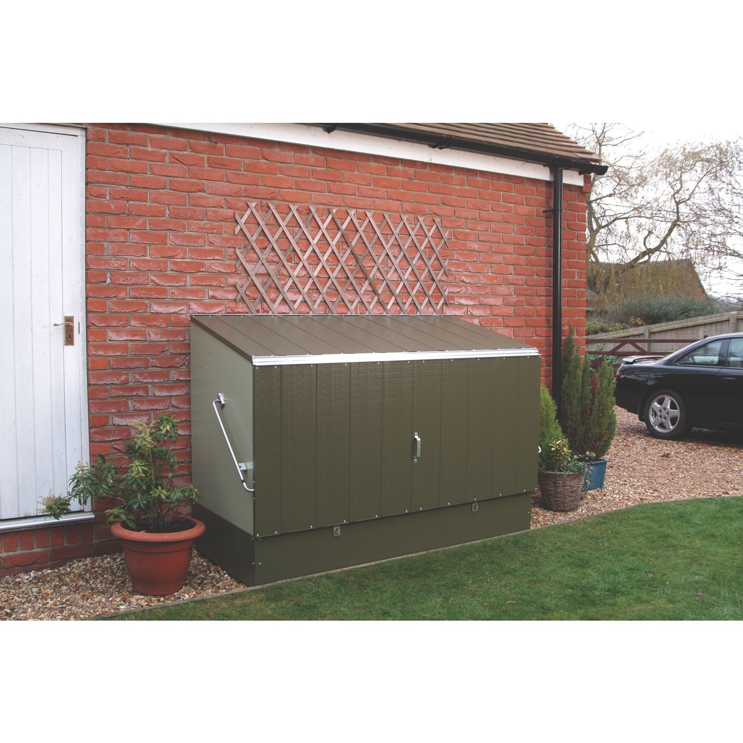 Trimetals Protect A Cycle 6' 6" x 3' (Nominal) Pent Metal Bike Store with Base Olive/Moorland Green (562RY)