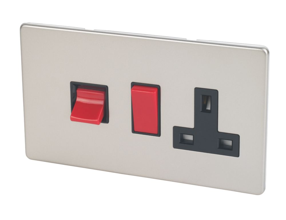 Varilight  45AX 2-Gang DP Cooker Switch & 13A DP Switched Socket Satin Chrome  with Black Inserts