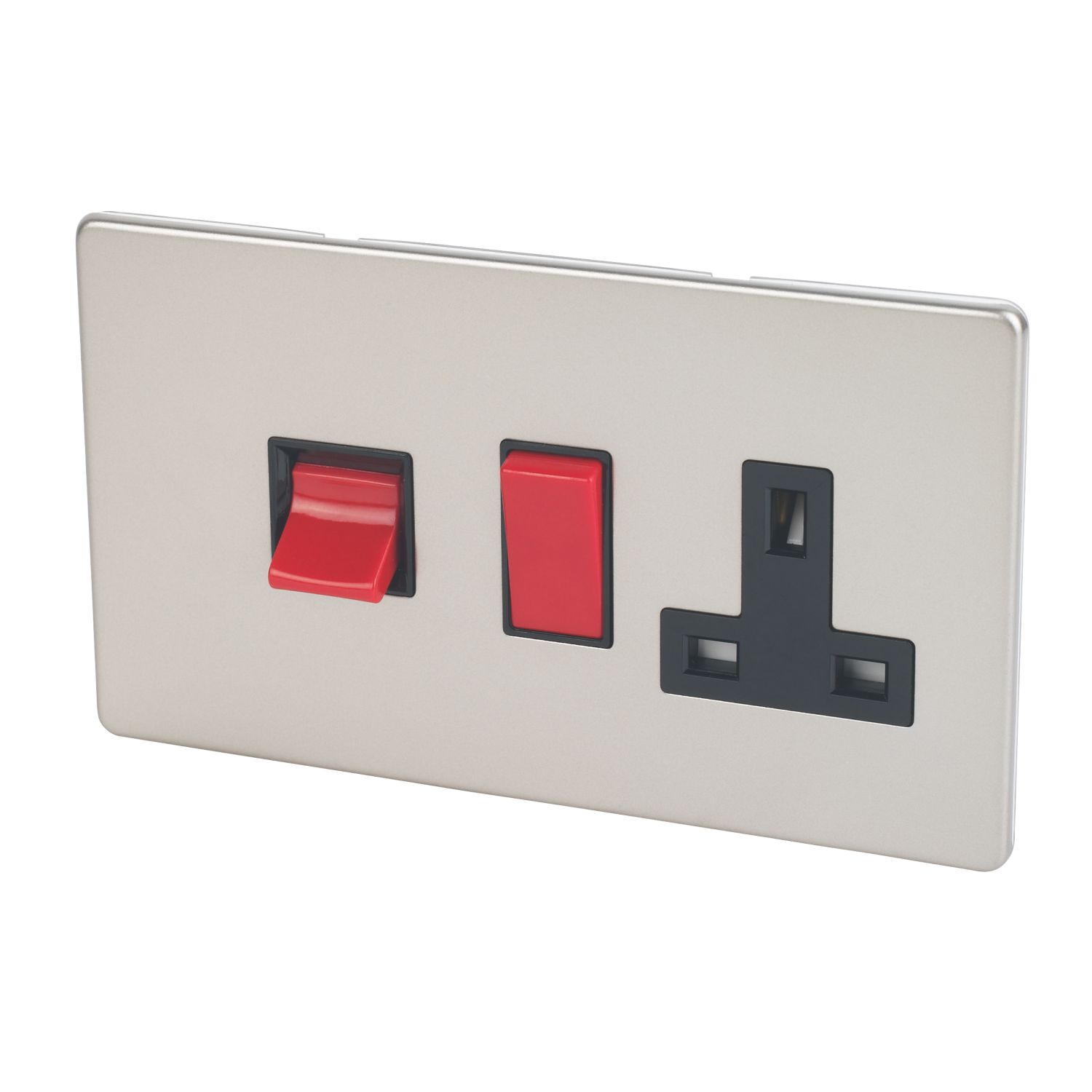 Varilight 45AX 2-Gang DP Cooker Switch & 13A DP Switched Socket Satin Chrome with Black Inserts (5631H)