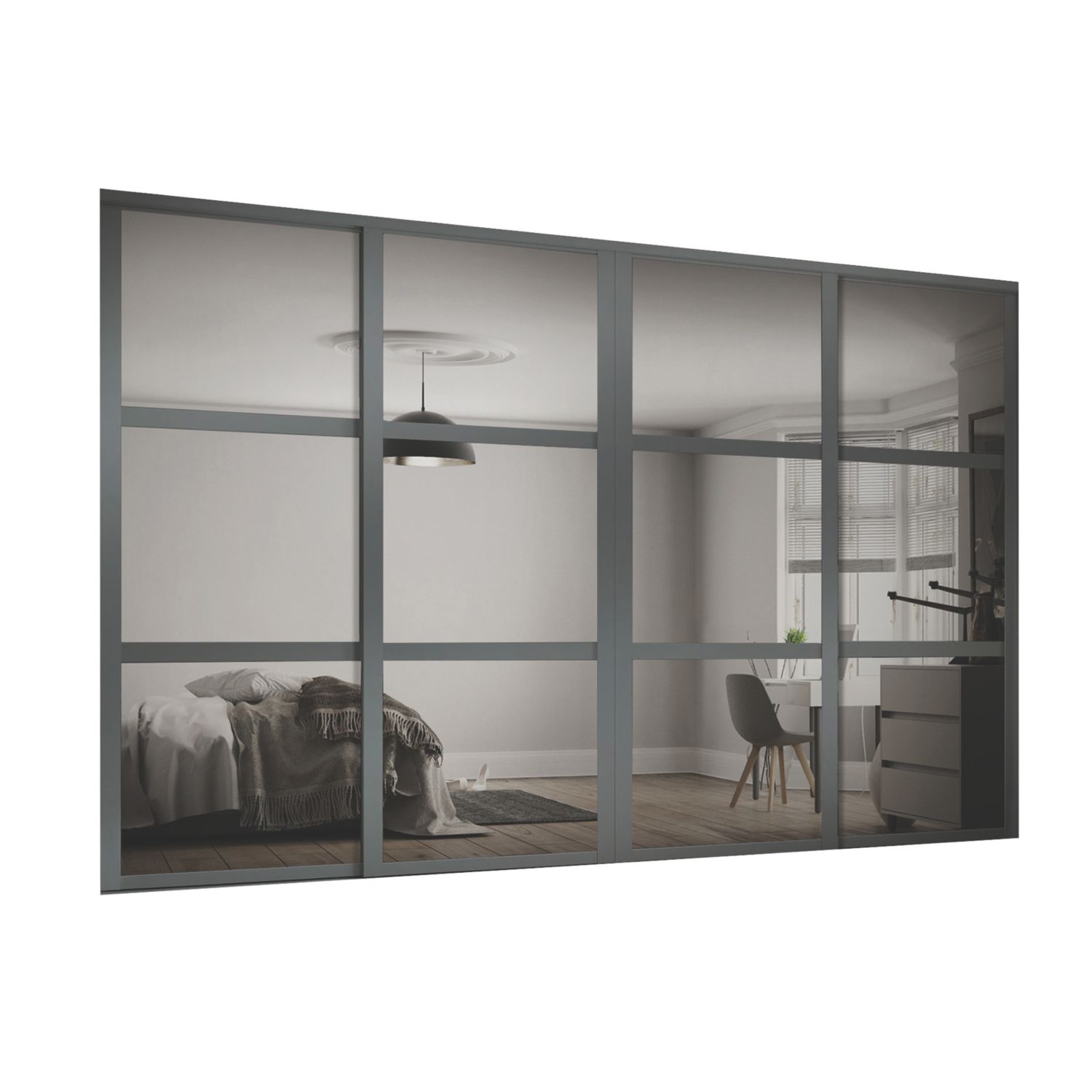 Spacepro Shaker 4-Door Sliding Wardrobe Door Kit Graphite Frame Mirror Panel 3586mm x 2260mm (563KJ)