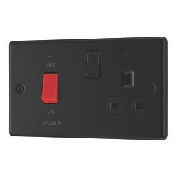 LAP  45A 2-Gang 2-Pole Cooker Switch & 13A DP Switched Socket Matt Black with LED with Black Inserts