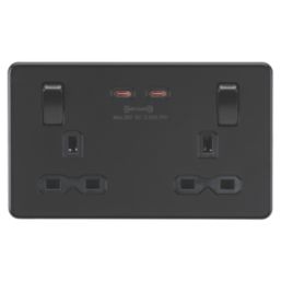 Knightsbridge  13A 2-Gang DP Switched Socket + 3.25A 65W 2-Outlet Type C USB Charger Matt Black with Black Inserts