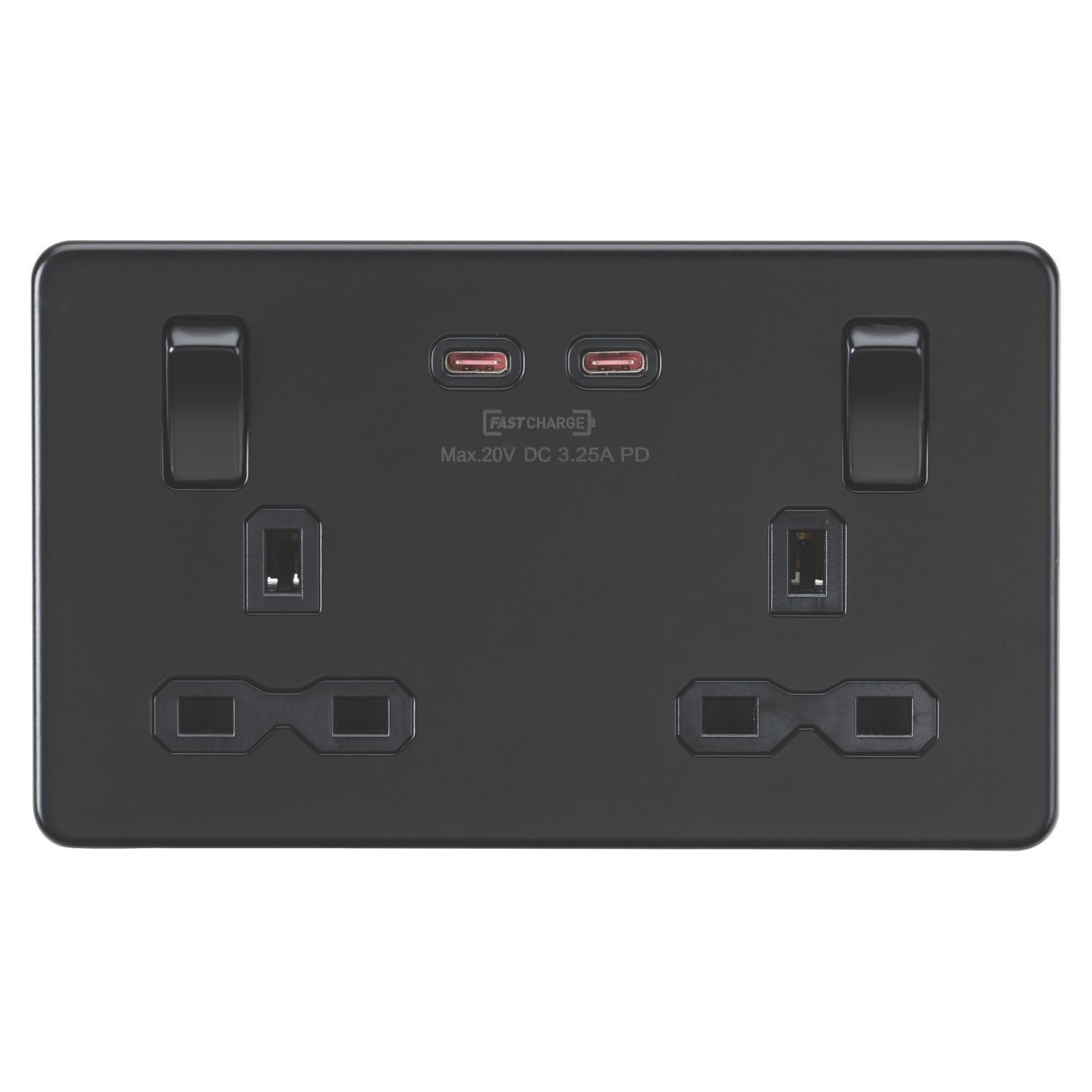 Knightsbridge 13A 2-Gang DP Switched Socket + 3.25A 65W 2-Outlet Type C USB Charger Matt Black with Black Inserts (564CR)