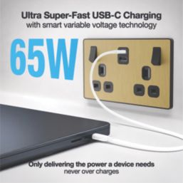 British General Evolve 13A 2-Gang SP Switched Socket + 3.25A 65W 2-Outlet Type C USB Charger Satin Brass with Black Inserts