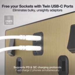 British General Evolve 13A 2-Gang SP Switched Socket + 3.25A 65W 2-Outlet Type C USB Charger Satin Brass with Black Inserts