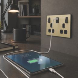 British General Evolve 13A 2-Gang SP Switched Socket + 3.25A 65W 2-Outlet Type C USB Charger Satin Brass with Black Inserts