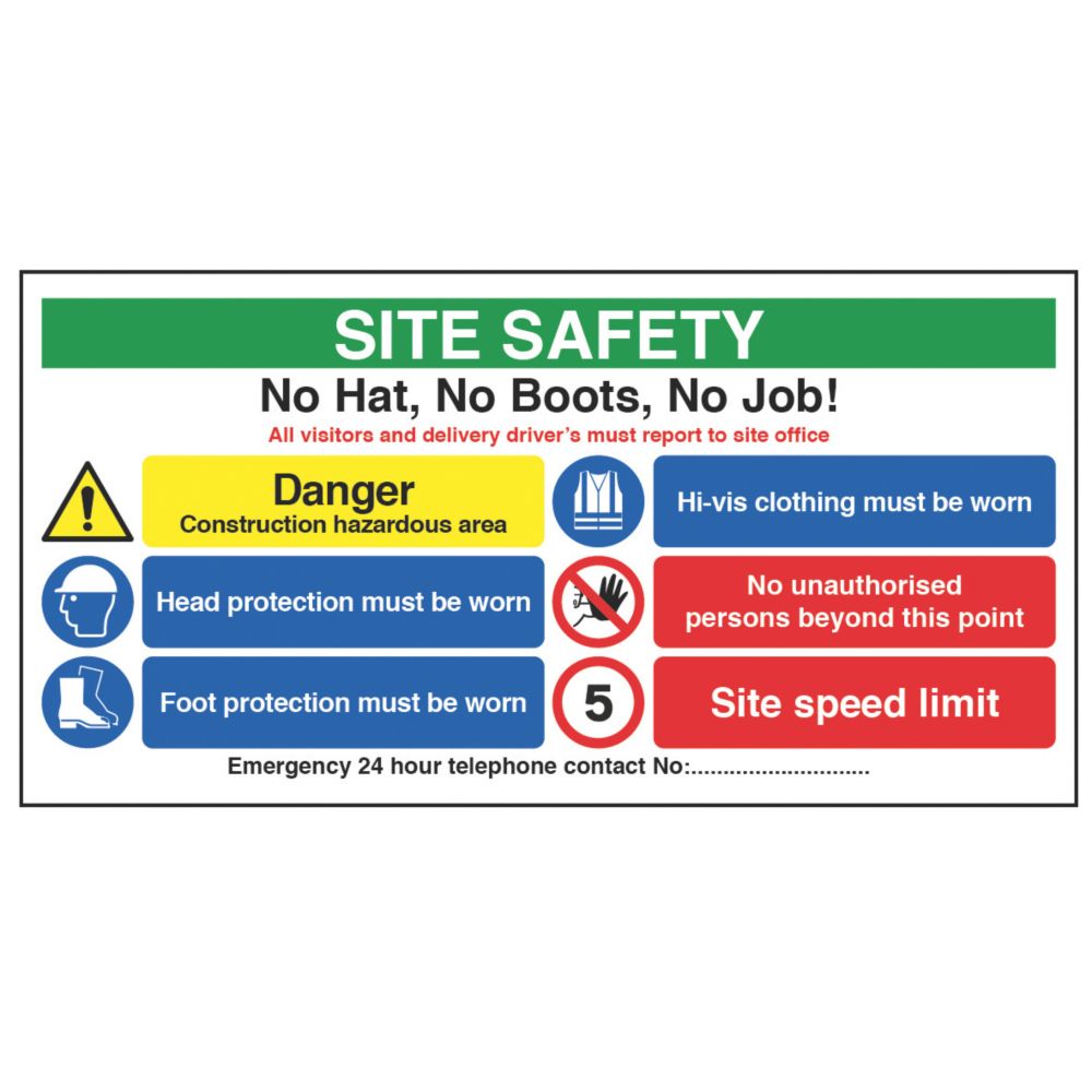 "Site Safety No Hat No Boots" Sign 610mm x 1220mm