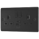 British General Nexus Metal 13A 2-Gang SP Switched Socket + 2.4A 12W 2-Outlet Type A & C USB Charger Matt Black with Black Inserts