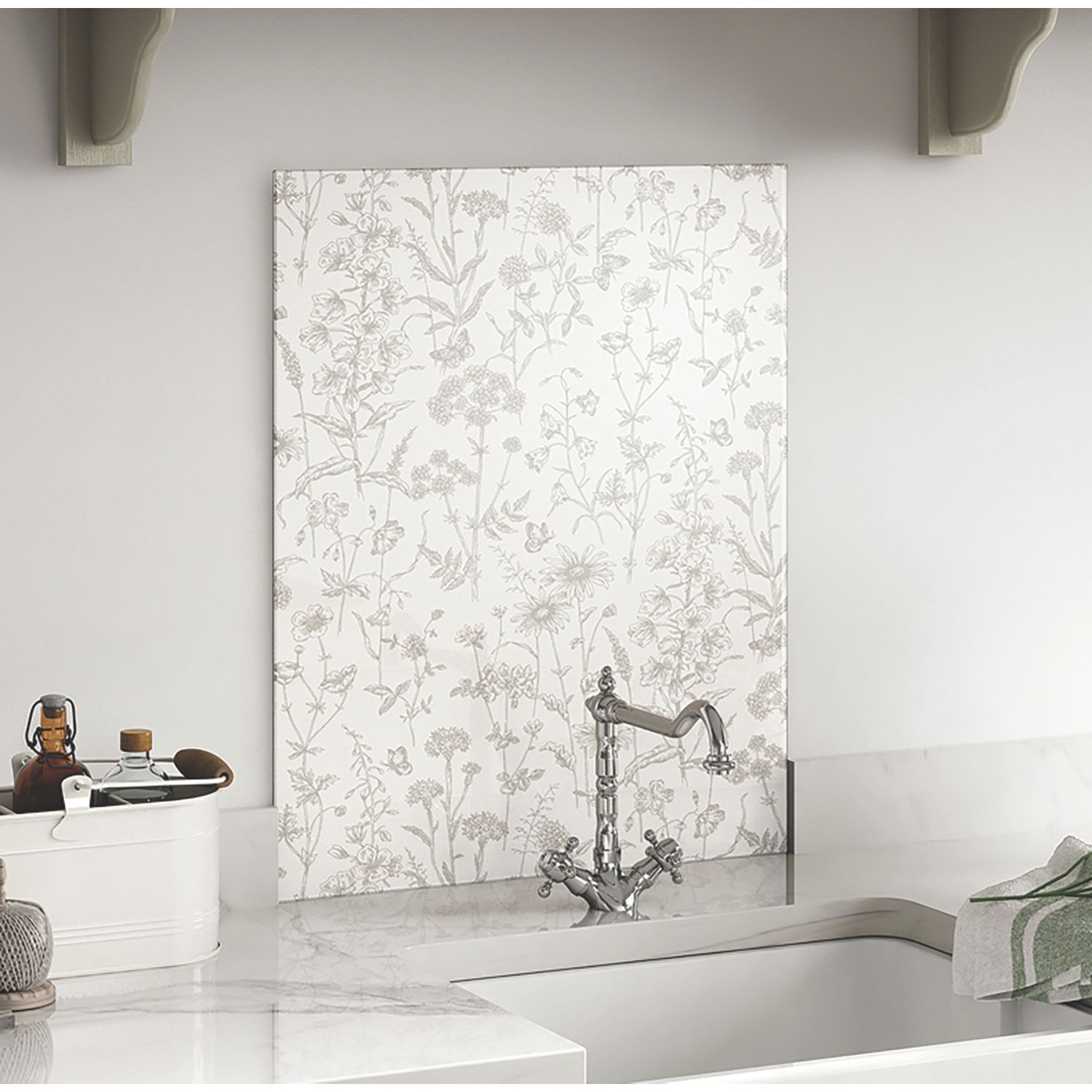 Laura Ashley Lisette White Self-Adhesive Glass Kitchen Splashback 600mm x 750mm x 6mm (567RX)